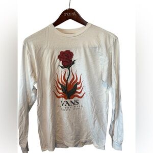 Vans Red and White Long Sleeve Tee with Artistic Flame Design